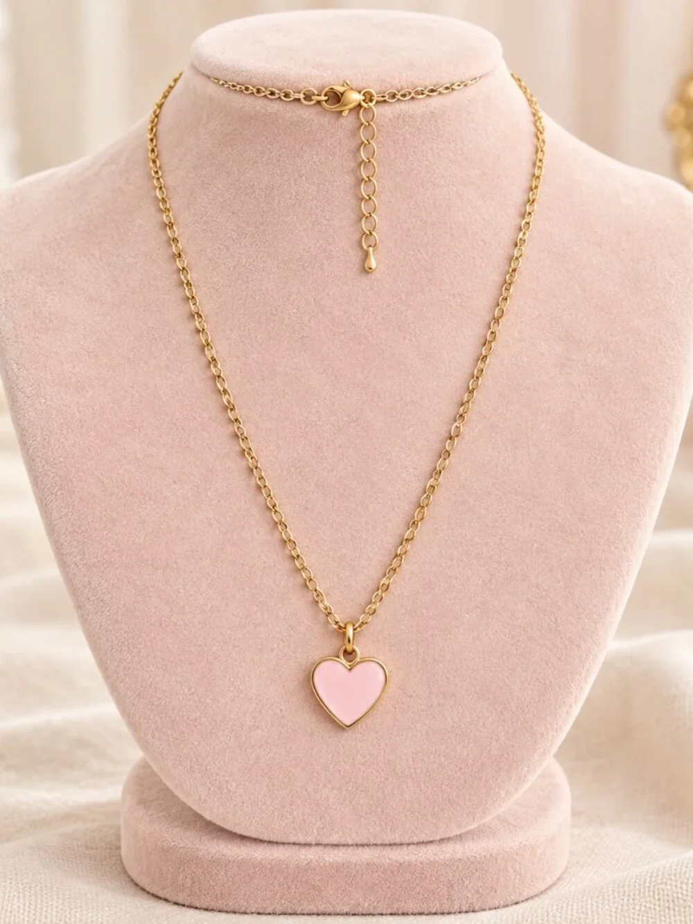 Gold Tone Pink Enamel Bow Heart Charm Layering Necklace Set NWT